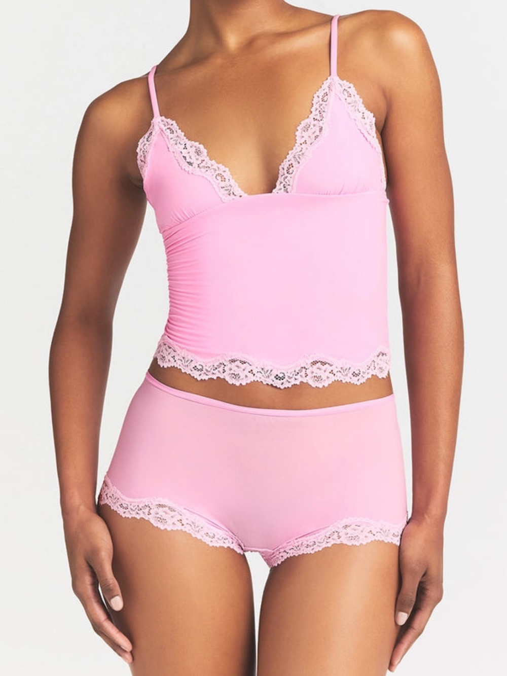 SKIMS Women's Pink Lace Trim Cami and Boyshort Set
